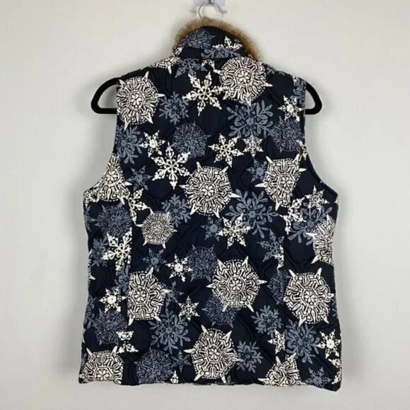 Eddie Bauer Goose Down Quilted Navy Snowflake Vest Faux Fur Collar Size S - Picture 2 of 5